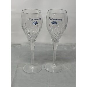 Wedding Champagne Flutes Pair I Get Carried Away Crystal Cut Glass Blue Rings
